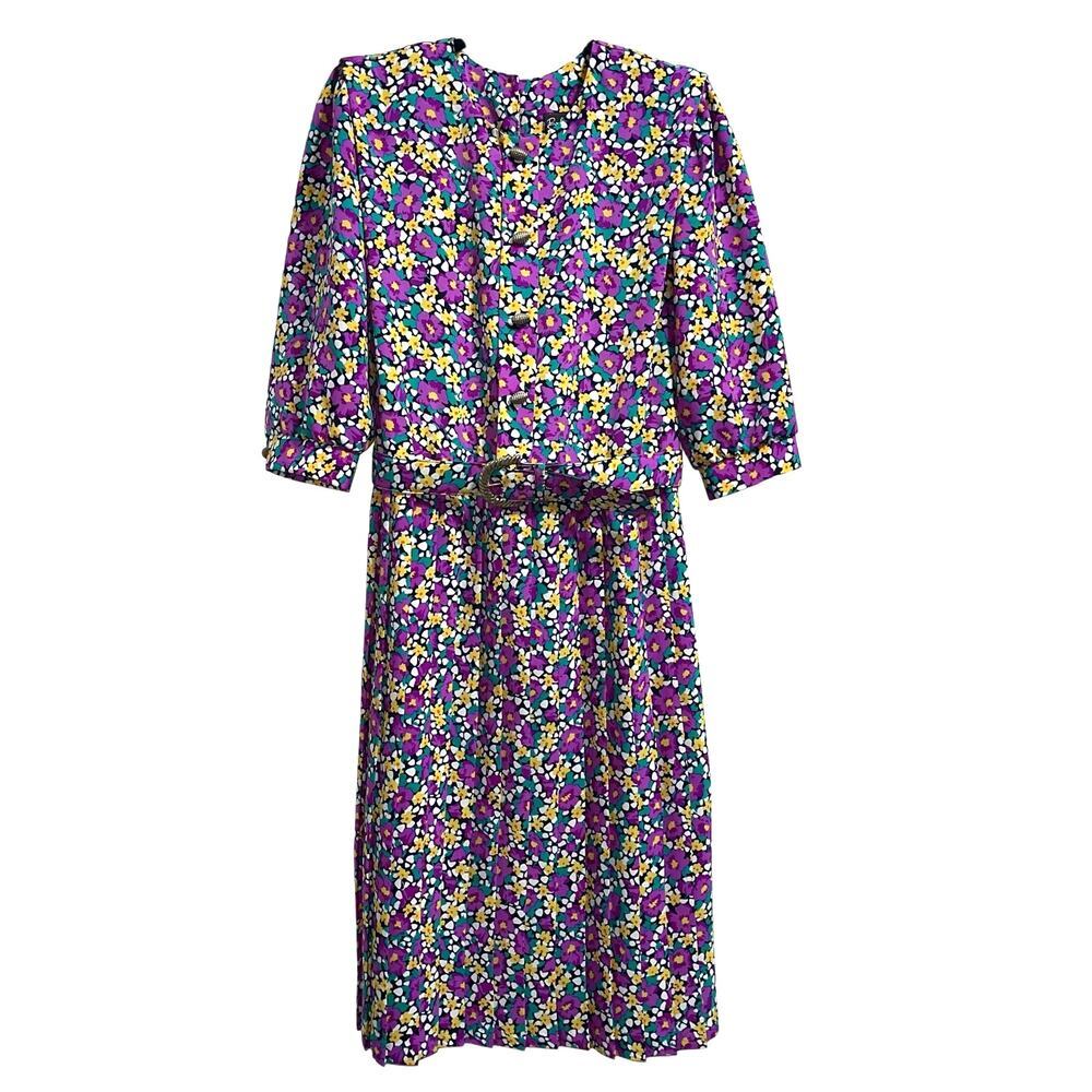 Breli Originals Vintage Women's Purple Floral Secretary Pleated Dress Union 12